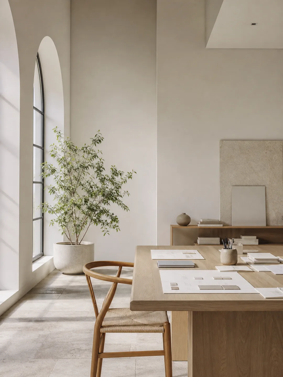 Home A bright studio interior with an arched window, plants, and papers on a wooden worktable.