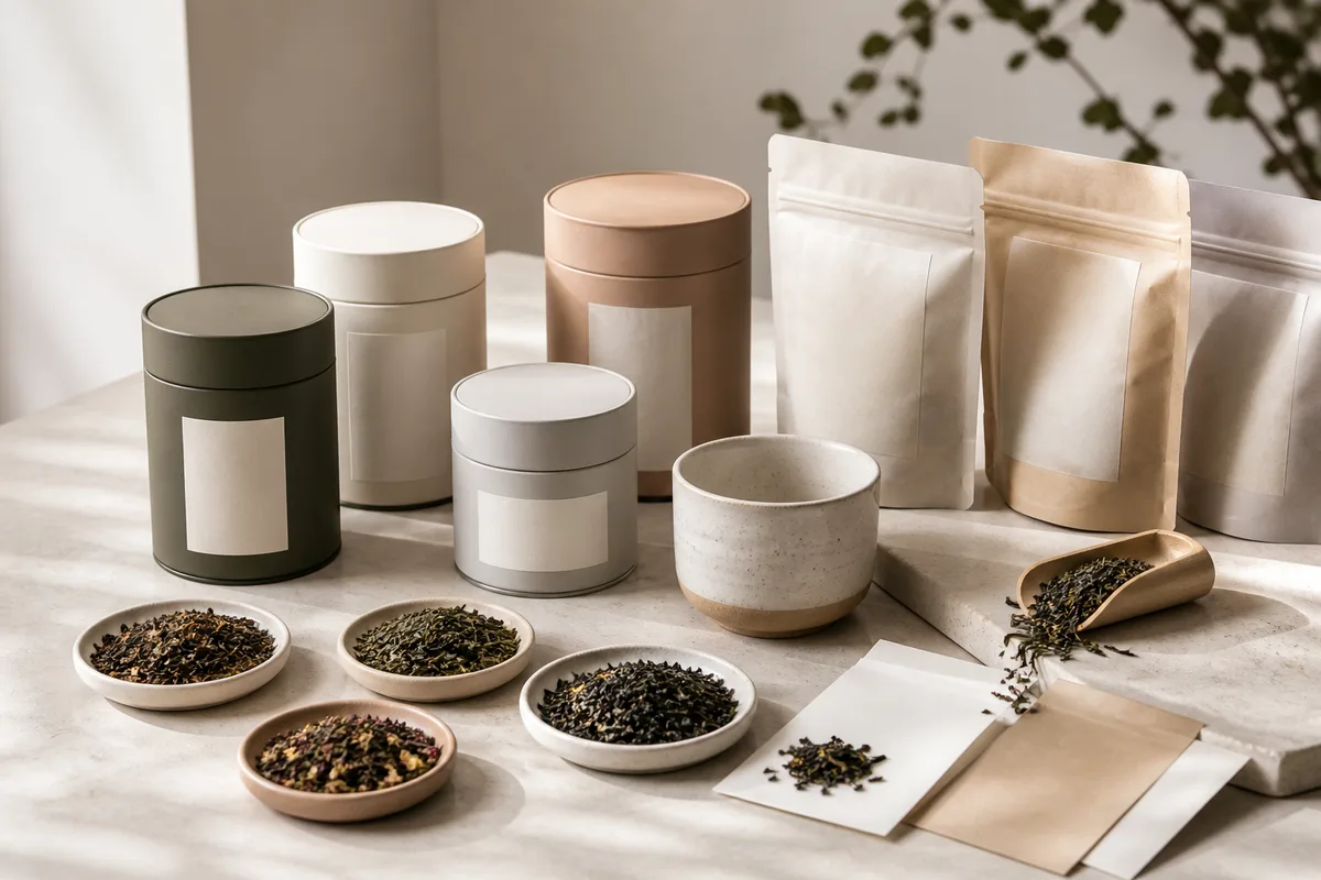 Tea tins, paper pouches, and loose tea arranged on a sunlit counter.