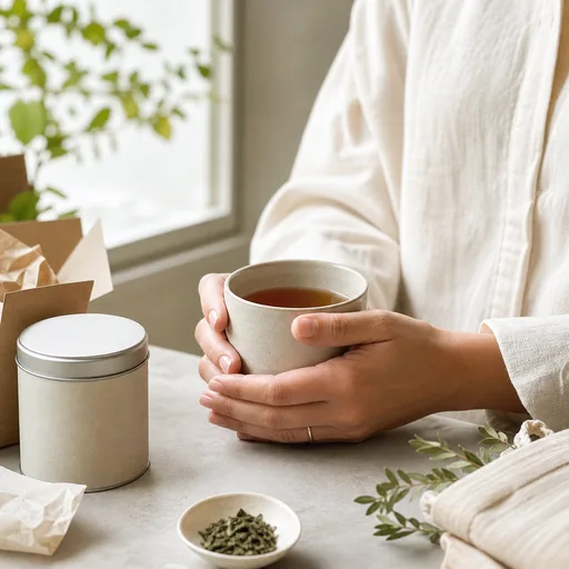 Hands holding a cup of tea beside simple tea packaging and loose leaves.